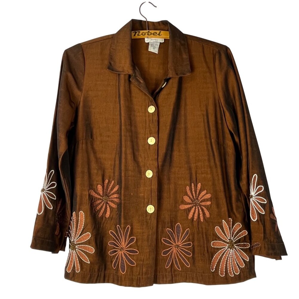 Key Lime Pie Petite Embroidered Jacket Brown Floral Rayon Size M